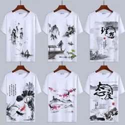 Chinese Landscape Ink Painting T-shirt Streetwear Chinese Style Elements Floral Dragon Wash Painting Tops for Men Woman