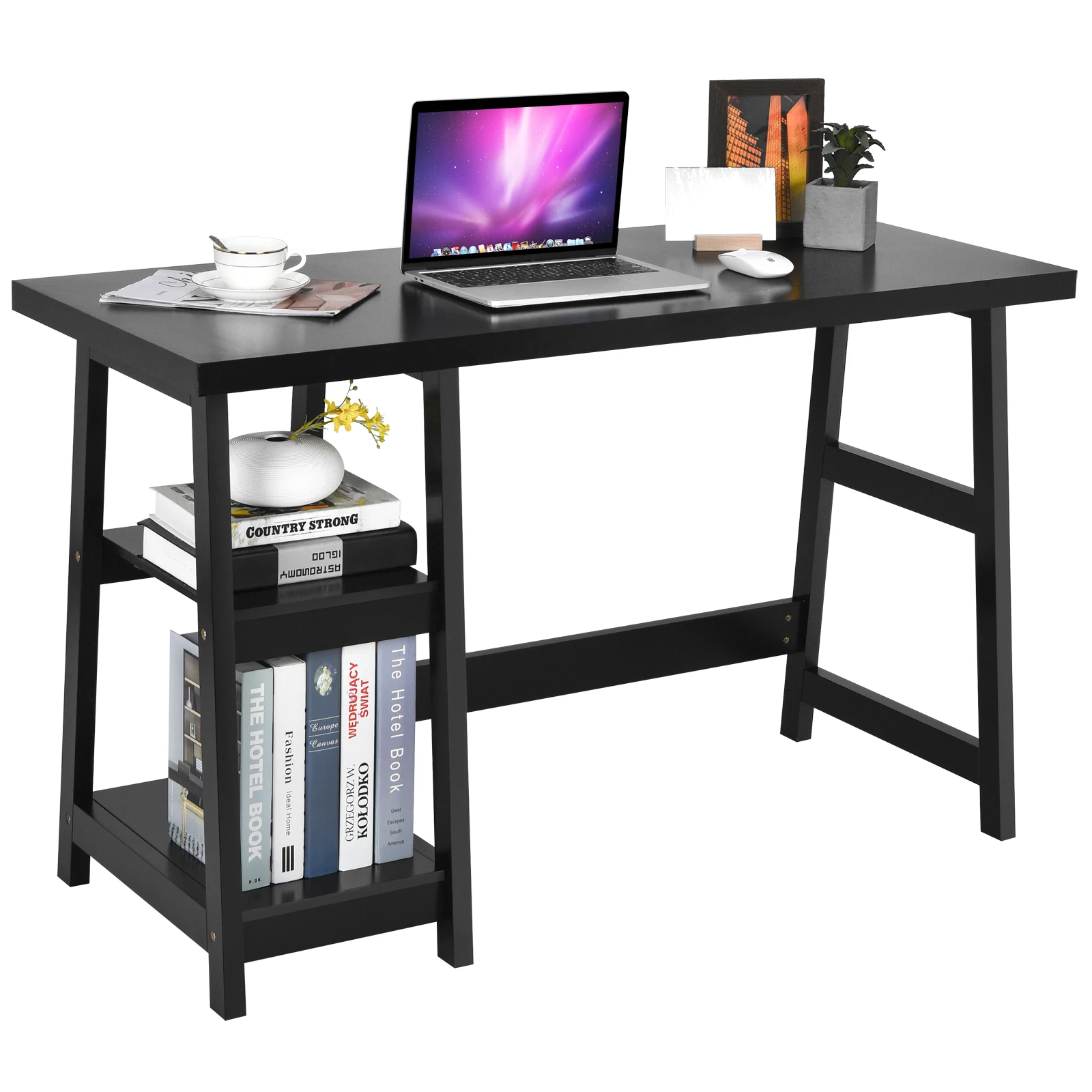 Costway Trestle Computer Desk Indoor Office Workstation w/Removable Shelf