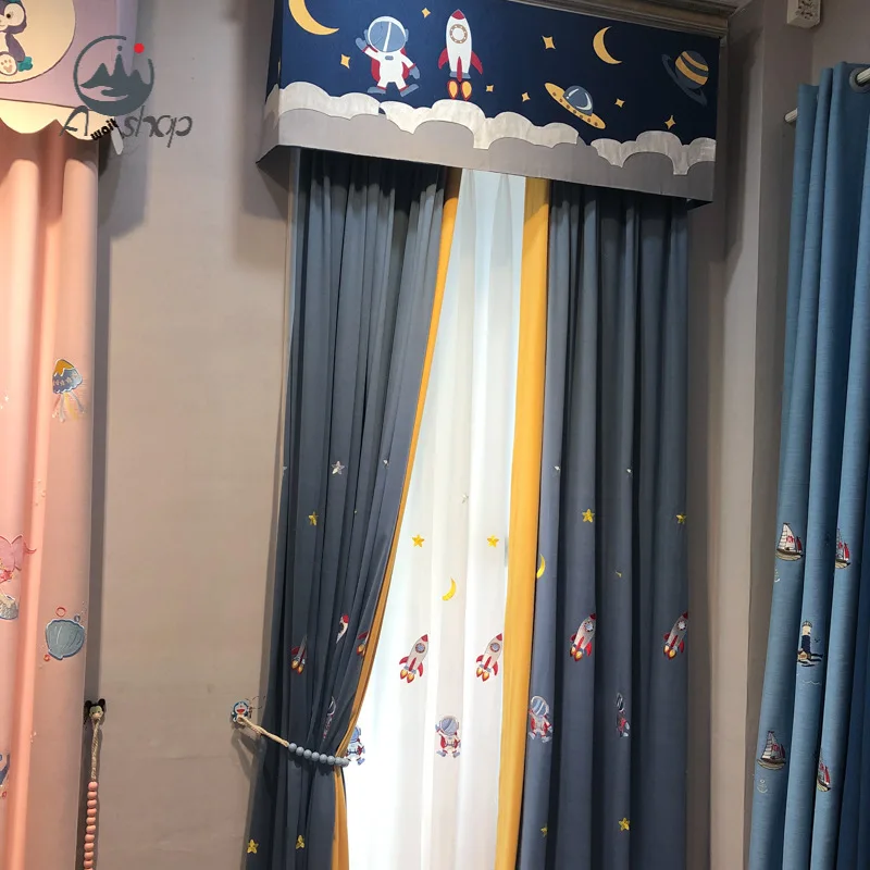 

Shading Satellite Astronaut Rocket Cartoon Embroidery Applique Boy Children's Room Curtains for Living Dining Room Bedroom