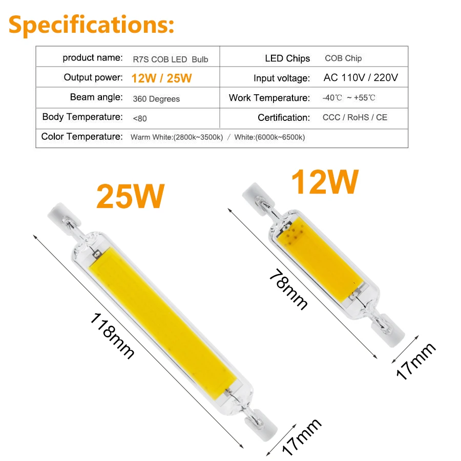 Imagem -02 - Dimmable R7s Led Cob Lâmpadas Tubo de Vidro Projector 78 mm 118 mm 12w 25w Cool Branco Quente 220v 110v Substituir Lâmpada de Halogéneo Pcs