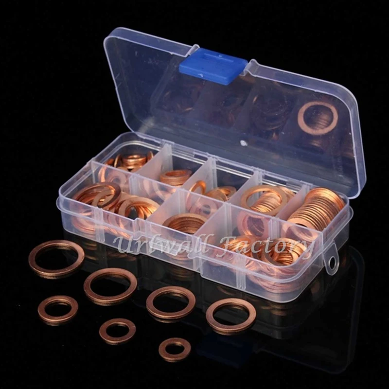 

120PCS Solid Copper Washers Sump Plug Assortment Washer Set Plastic Box Professional Hardware Accessories M6-M20