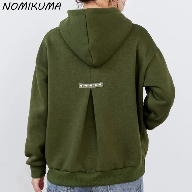 Nomikuma 2023 Autumn Winter Fleece Hooded Sweatshirt Korean Beads Hoodies Top Causal Long Sleeve Women Pullover Jumper 6N154