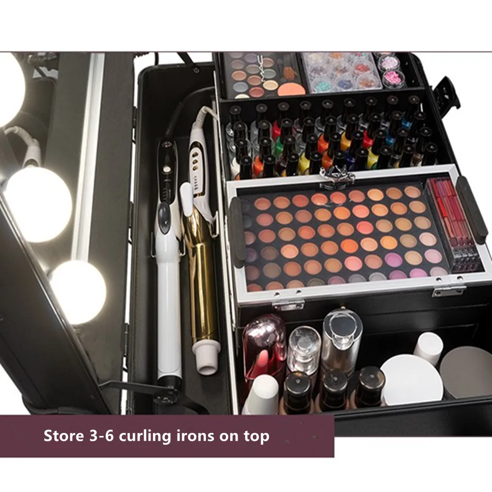 Aluminum Frame Professional Rolling Studio Makeup Artist Cosmetic Case Beauty Trolley Suitcase LED Light Mirror Box Luggage Bags