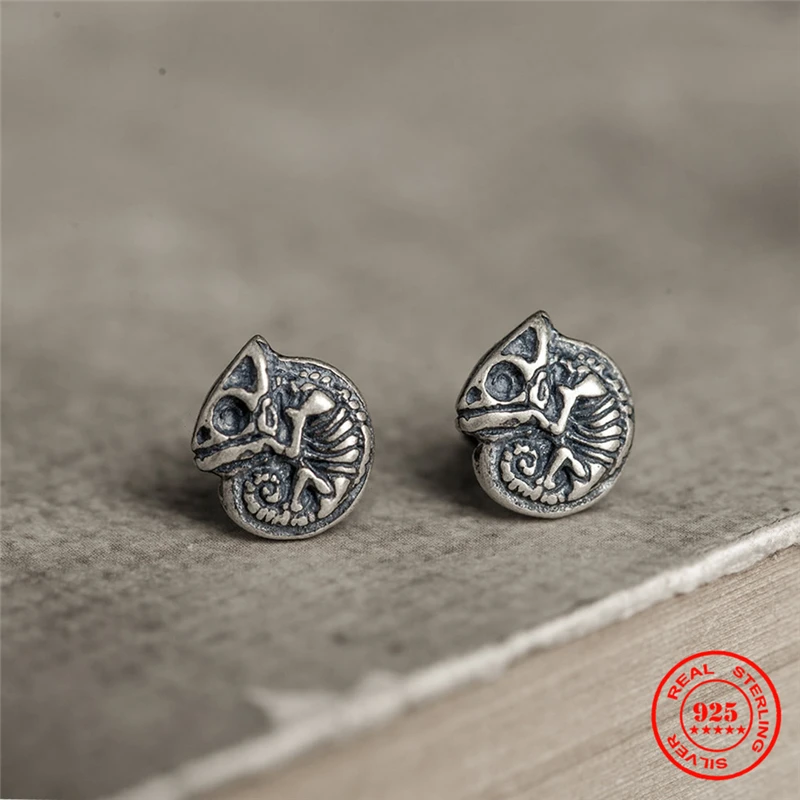 MKENjazz-Boucles d'oreilles à tige tête de mort caméléon rétro pour hommes et femmes, bijoux gothiques foncés créatifs, argent regardé 100%, 925