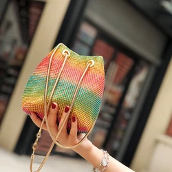 Bucket Women Fashion Evening Bags Diamonds Rainbow Soft Day Clutch Shoulder Snake Chain Rhinestones Party Handbags Wedding Purse