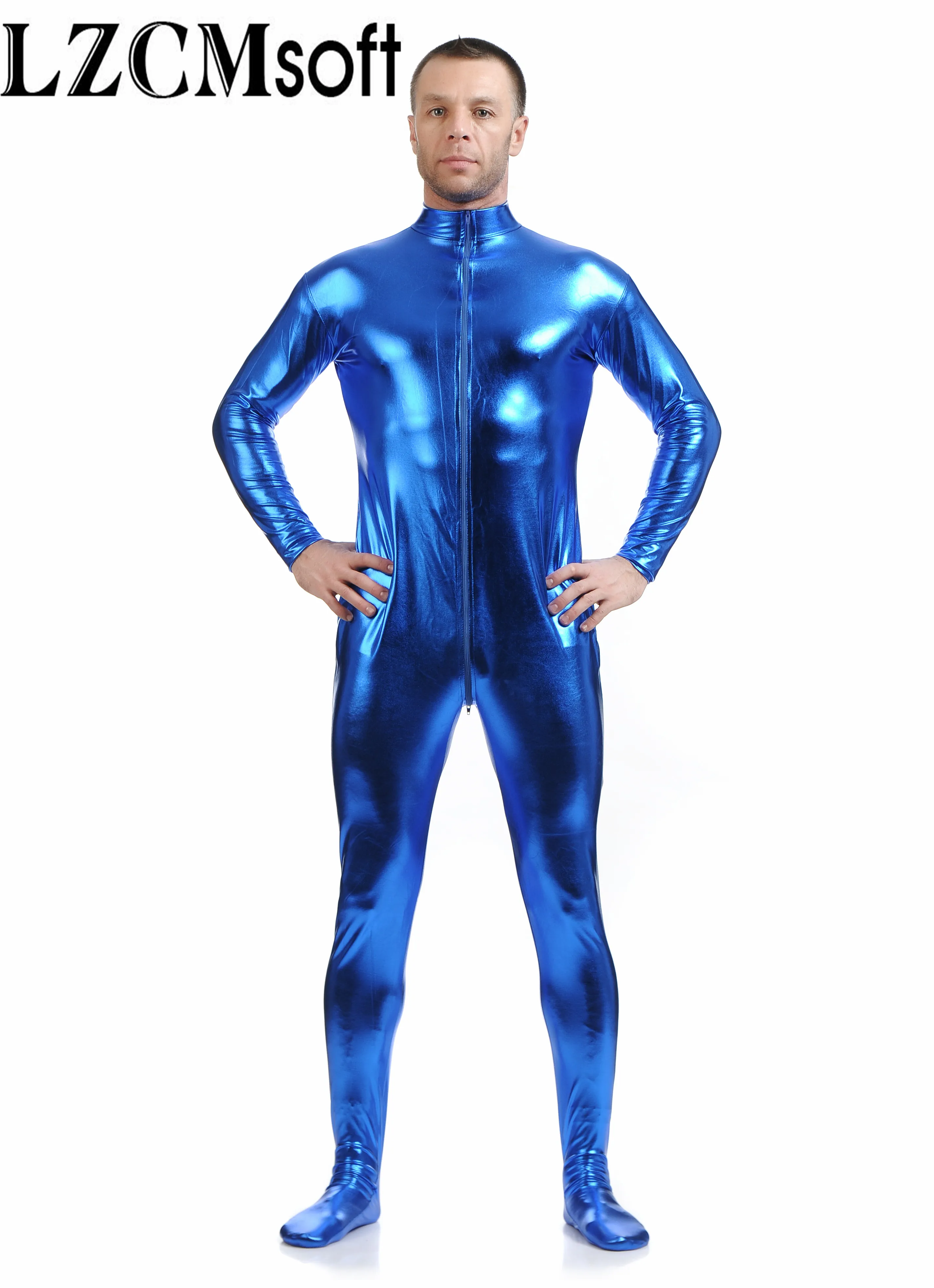 Lzcmsoft Mannen Gold Shiny Zentai Pak Zonder Hoofd Volwassenen Mock Hals Een Stuk Tweede Huid Panty Zentai Bodysuits Kruis Rits