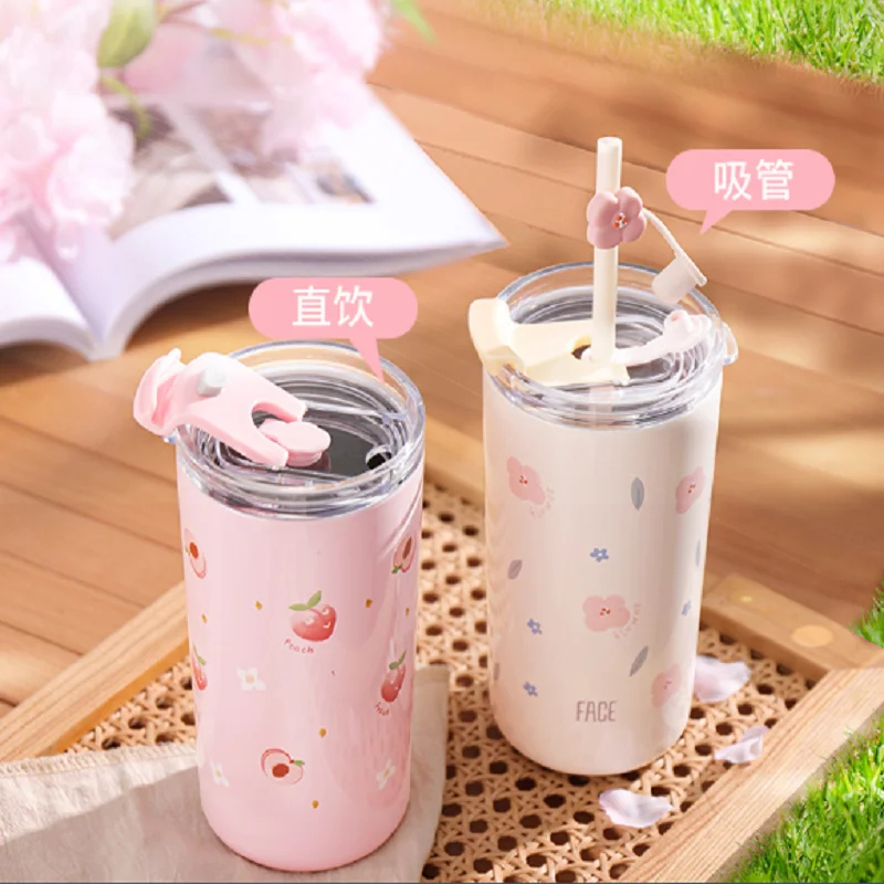 Stainless Steel Water Bottles For Girl With Straw Reusable Hard Plastic Tumbler With Lid Coffee Cup Drinkware Christmas Gift