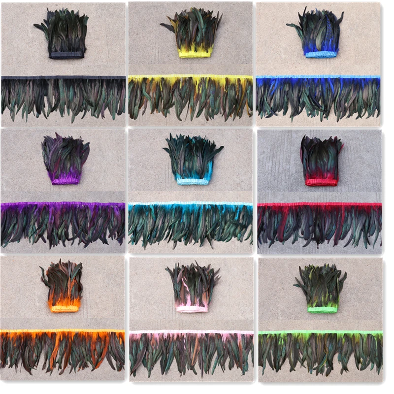 Adorno de plumas de cola de gallo, encaje de plumas de pollo, 25-30cm, accesorios de vestido de fiesta DIY, venta al por mayor, 10-12 pulgadas, 1 yarda