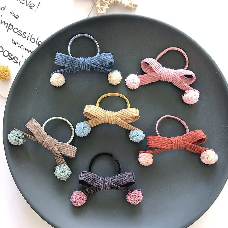 

Wholesales 30pcs Fashion Cute Corduroy Bow Hair Ties Pom Pom Bowknot Elastic Hair Bands Princess Headwear Girls Hair Accessories