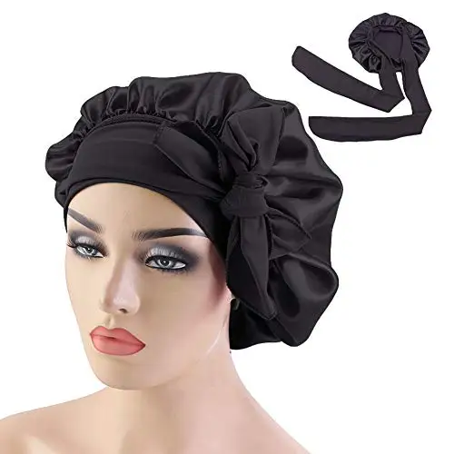 Gorro de satén de banda ancha para mujer, gorro sedoso para pelo rizado, envoltura de pelo para dormir, color negro, 2 piezas