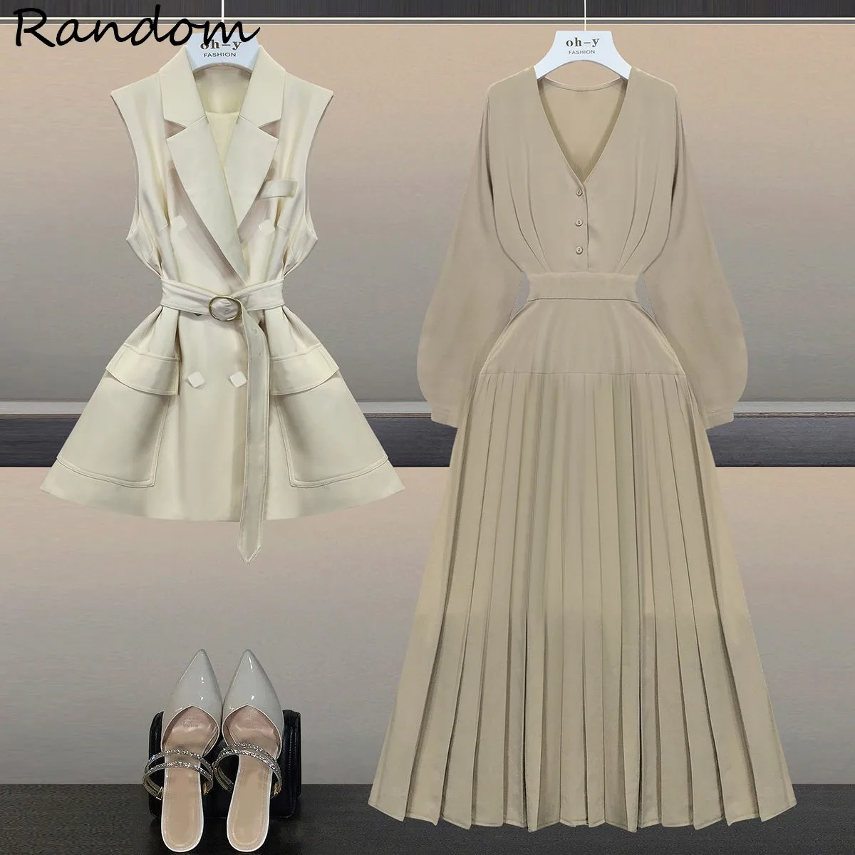 

Plus Size Women Work Suit Vest Jacket Windbreaker And Pleated Dress Two Piece Set Elegant Office Ladies Outfit Party Clothing