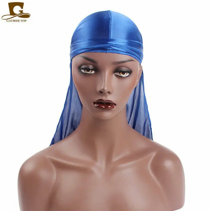 Unisex Long Silk Satin Breathable Turban Hat Wigs Durag Biker Headwrap Chemo Cap Pirate Hat Men Hair Accessories