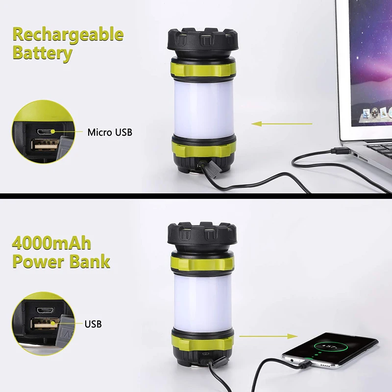 مصباح LED محمول للتخييم ، مصباح يدوي يدوي ، ضوء البحث مقاوم للماء ، USB قابلة للشحن ، العمل مصباح خيمة الصيد في الهواء الطلق ، D2