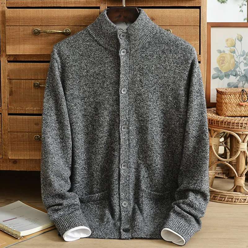 

Cashmere cardigan men's 100% pure cashmere thick solid color turtleneck button sweater men's knitted cashmere warm jacket casual