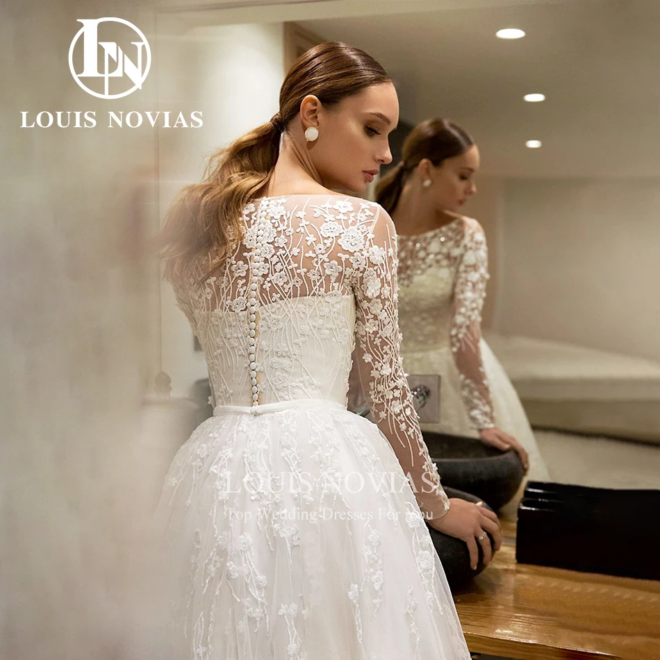 Louis Novias ชุดแต่งงานทรงเอไลน์สำหรับผู้หญิงชุดเดรสปักลูกไม้ติดลูกปัดแขนยาวสำหรับ2024ชุดเดรสชุดเจ้าสาว