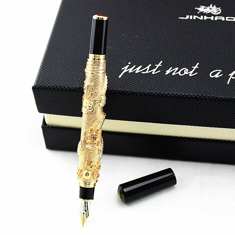 Jinhao-stylo fontaine de marque Noble, Dragon doré, 0.5mm, avec bec fin, écriture en métal, papeterie scolaire et de bureau