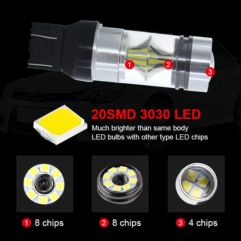 Apmatauto 2pcs 100w Brilliant Red White 20-SMD-3030 W21/5W 7443 7444 T20 SRCK LED Replacement Bulbs For Car Brake/Tail Lights