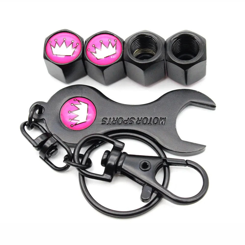 5Pcs/Set Pink Crown Style Anti-theft Emblem Auto Car Wheel Tire Air Valve Caps With Wrench Keychain Zinc Alloy Stem Dust Cover A