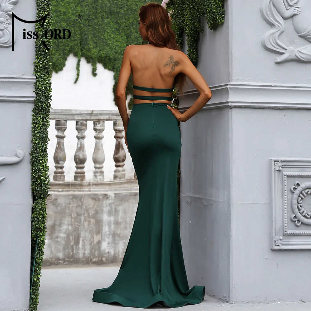 Missord Sexy Green Party Dress Women Halter Deep V Neck Cutout Thigh Split Maxi Mermaid Prom Evening Dresses Long Backless Gown