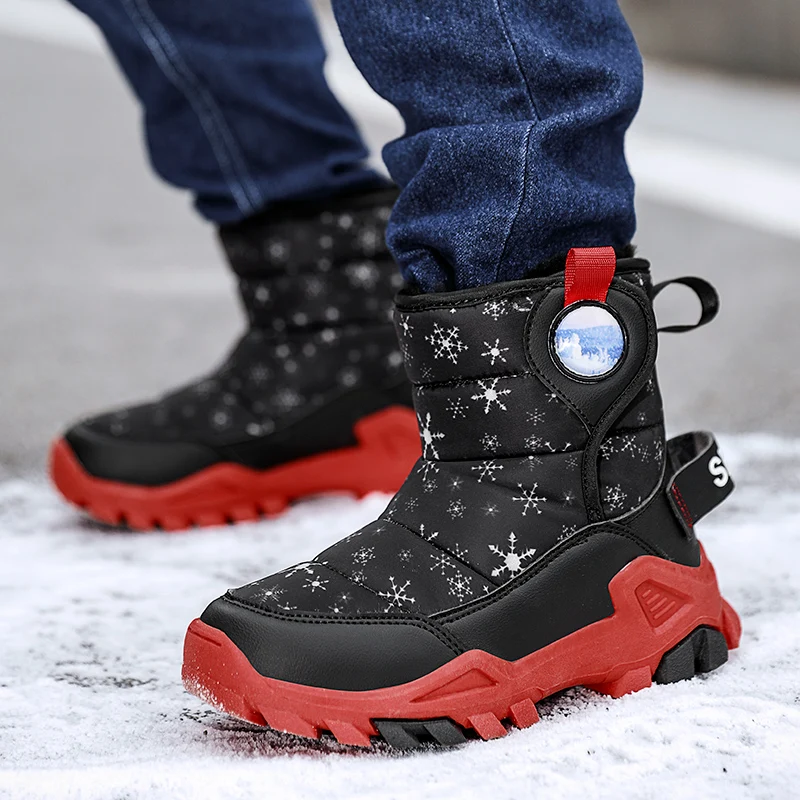 Children\'s Snow Boots Winter Fur Warm Outdoor Waterproof Sports Shoes Boys Winter Snow Boots Fashion Leather Boys Snow Boots