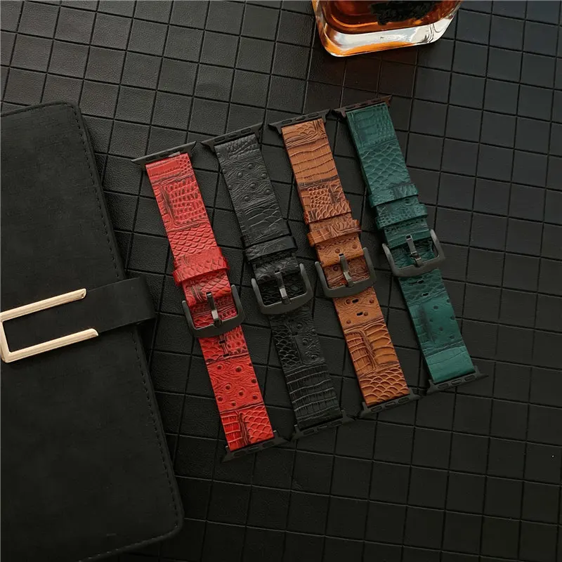 Genuine Leather Crocodile Ostrich Sport Band for Apple Watch Series 9 8 7 6 5 4 3 2 Wrist Strap 41mm 44mm 45mm 49mm