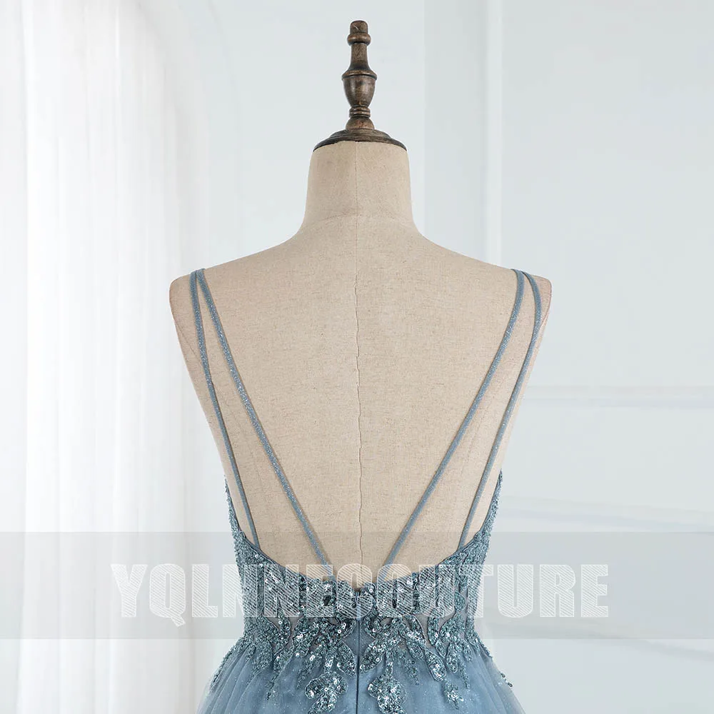 YQLNNE Dusty Blue Crystals Tulle Long Prom Dresses Straps Beaded Backless Floor Length Sexy Party Gown Slit Real Photos