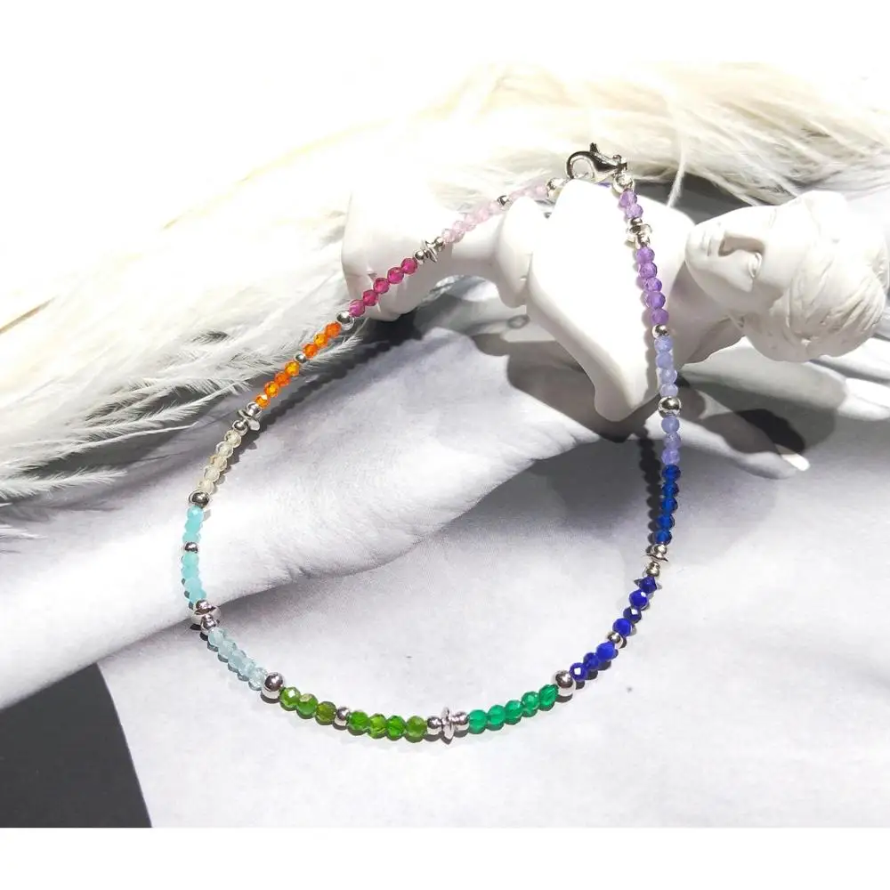 Lii Ji Rainbow 2mm حجر صغير 925 فضة بلاتينيوم لون خلخال 23 سم + 5 سم