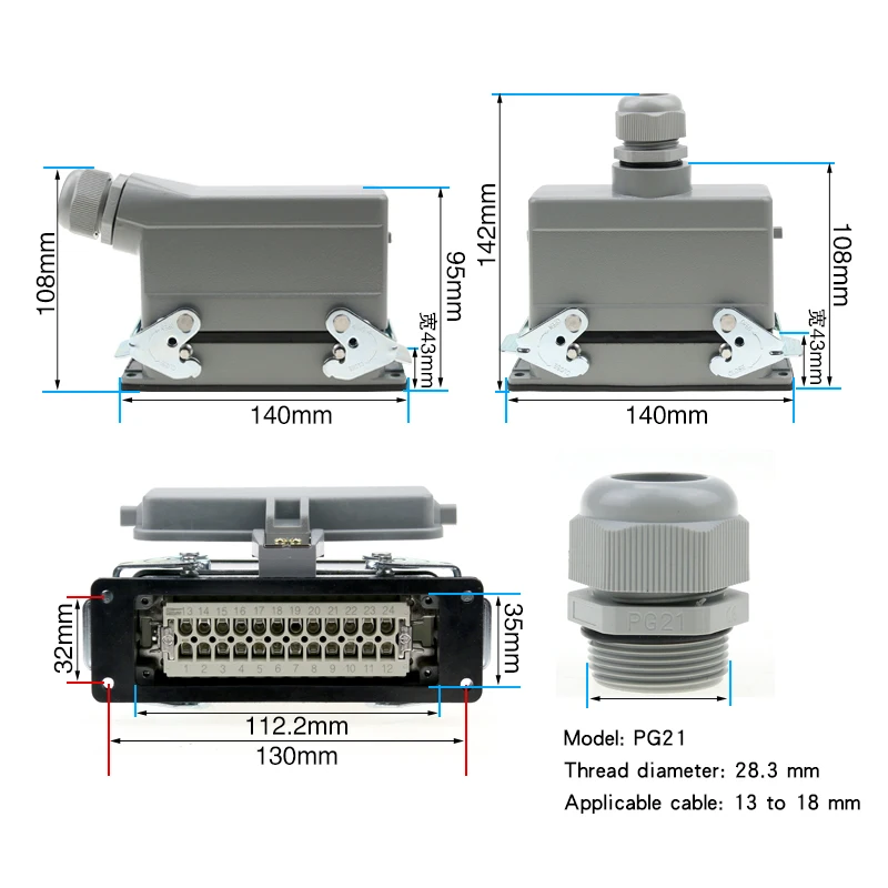 24 core Rectangular heavy duty connector HDC-HE-024  AviationPlug With protective Cover 500V 16A