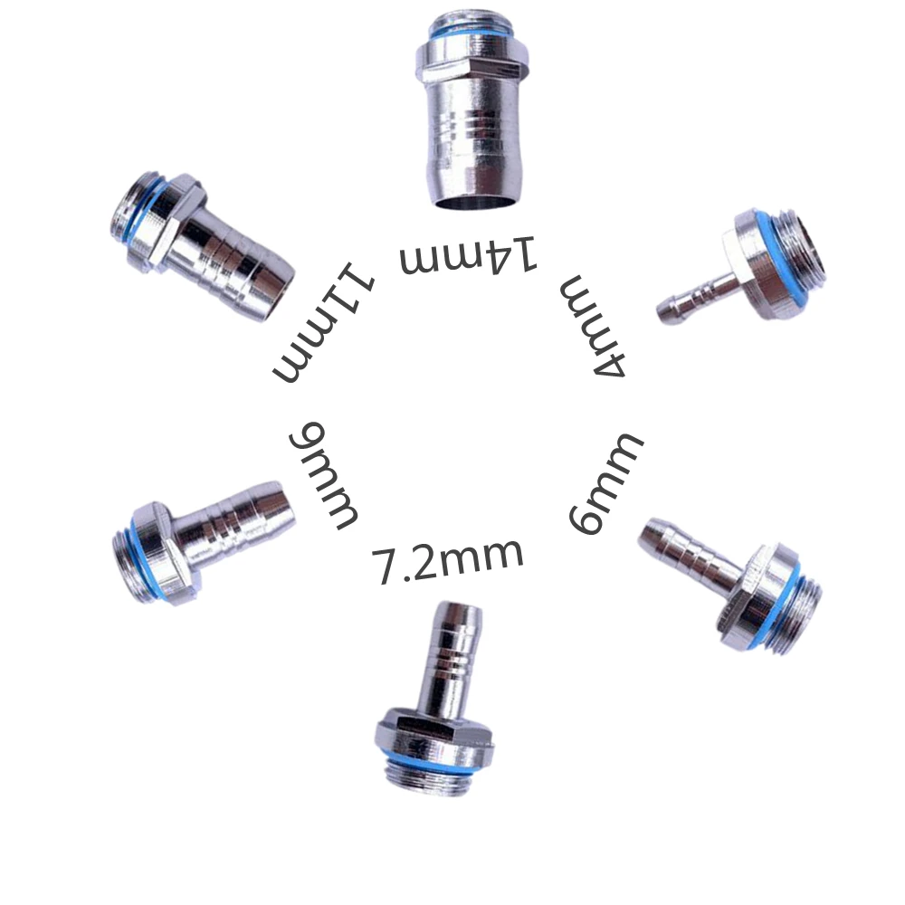 

6pcs PC Water Cooling Barb Fitting Two-Touch Fitting G1/4 Thread Barb Connector for Computer Cooling System 4/6/7.2/9/11/14mm