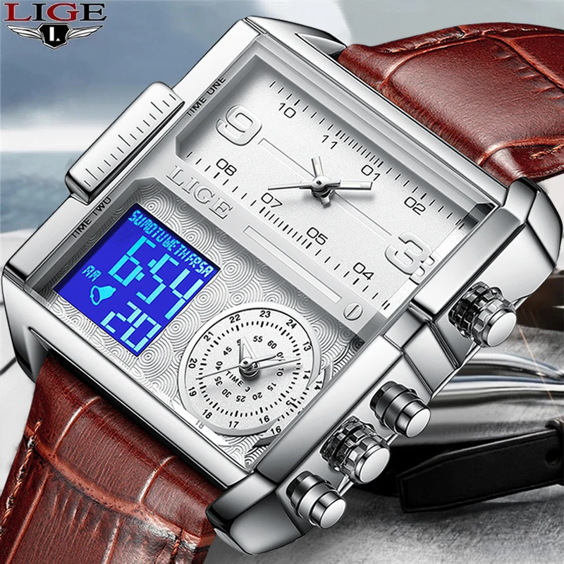 LIGE 2023 Top Brand Luxury Mens Watches Square Digital Sports Quartz Wrist Watch for Men Waterproof Stopwatch Relogio Masculino