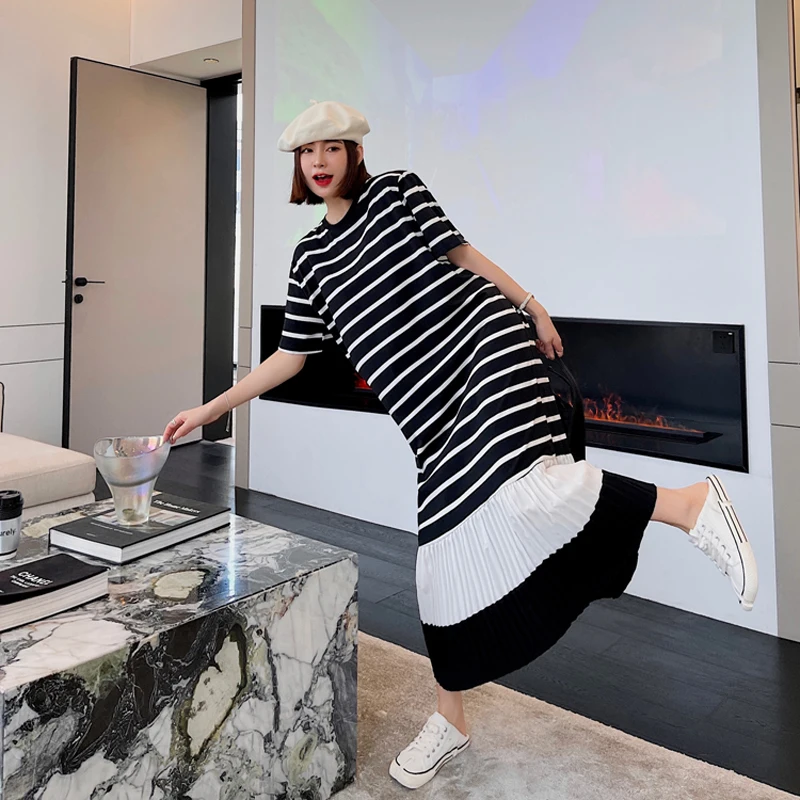 NYFS 2025 ฤดูร้อนใหม่ชุดสตรีเกาหลีชุด Vestidos Robe Elbise แฟชั่นลาย Patchwork แขนสั้นชุดยาว L-4XL