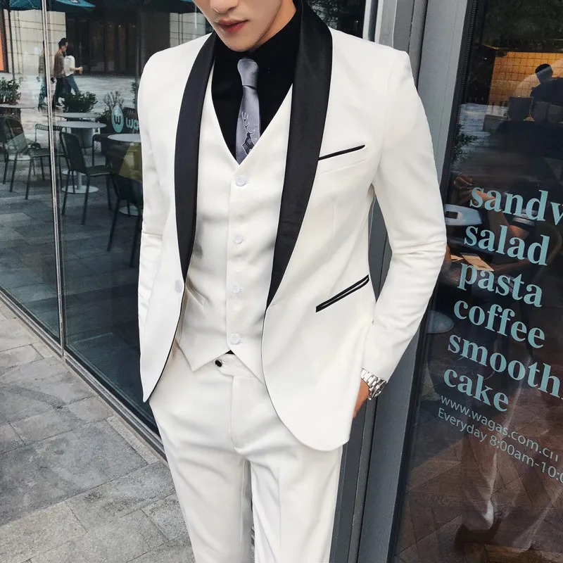 

White Wedding Tuxedos 2023 Fashion Men's Slim Boutique Business Groom Dress Blazers Jacket Waistcoat Trousers (Jacket+Pants+Vest