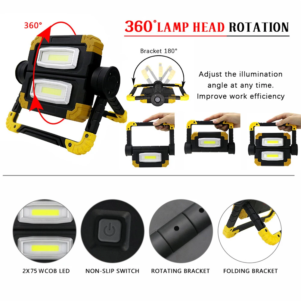 Projecteur LED portable pour réparation camping, lampe de travail, budgétaire étanche, utilise 4 piles AA, 190W