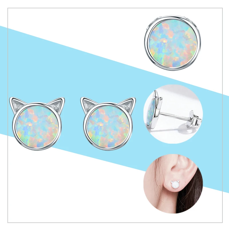 WOSTU 925 Sterling Silver Opal Stud Earrings Cat Unicorn Heart Blue Opal Earrings For Women Original Silver 925 Jewelry