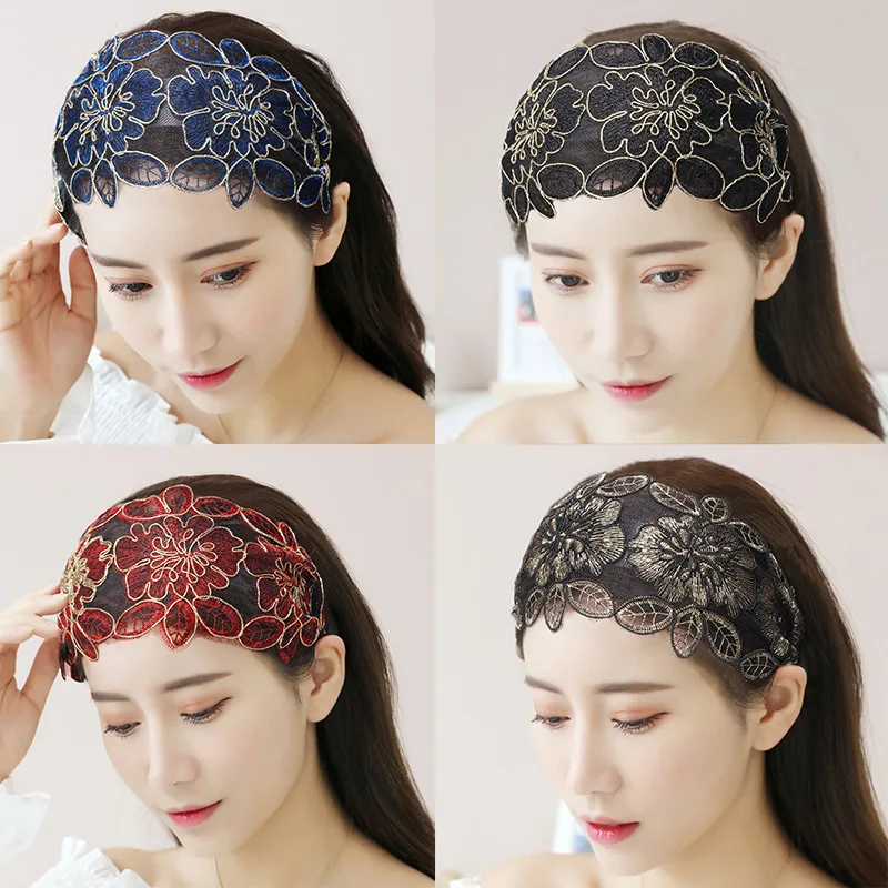 Lace Flowers Headband Wide Women Hair Hoop Head Bands Toothed Non-slip Elastic Hairband Bezel Hair Accessories Headdress