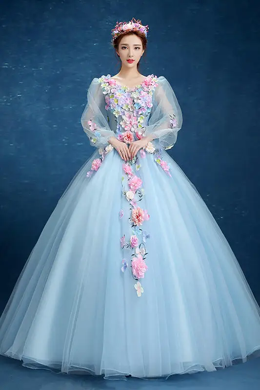 Vestido De quinceañera con apliques De manga larga, para baile De Quinceañera De 15 años, con flores y cuello en V, 2018