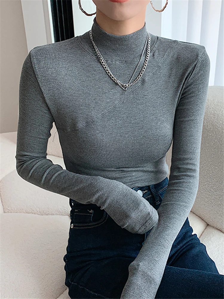 

Autumn Velvet Thick Women's T-Shirts 2022 New Long Sleeve Half Turtleneck Bottoming Minimalist Shirts Basic Chic Tops Female