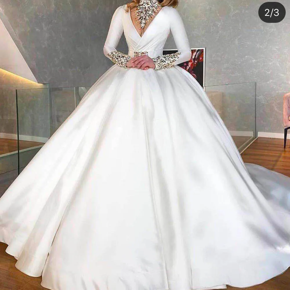 ball gown wedding dresses 2020 long sleeve crystal long sleeve satin puffy bridal dresses vestidos de noiva