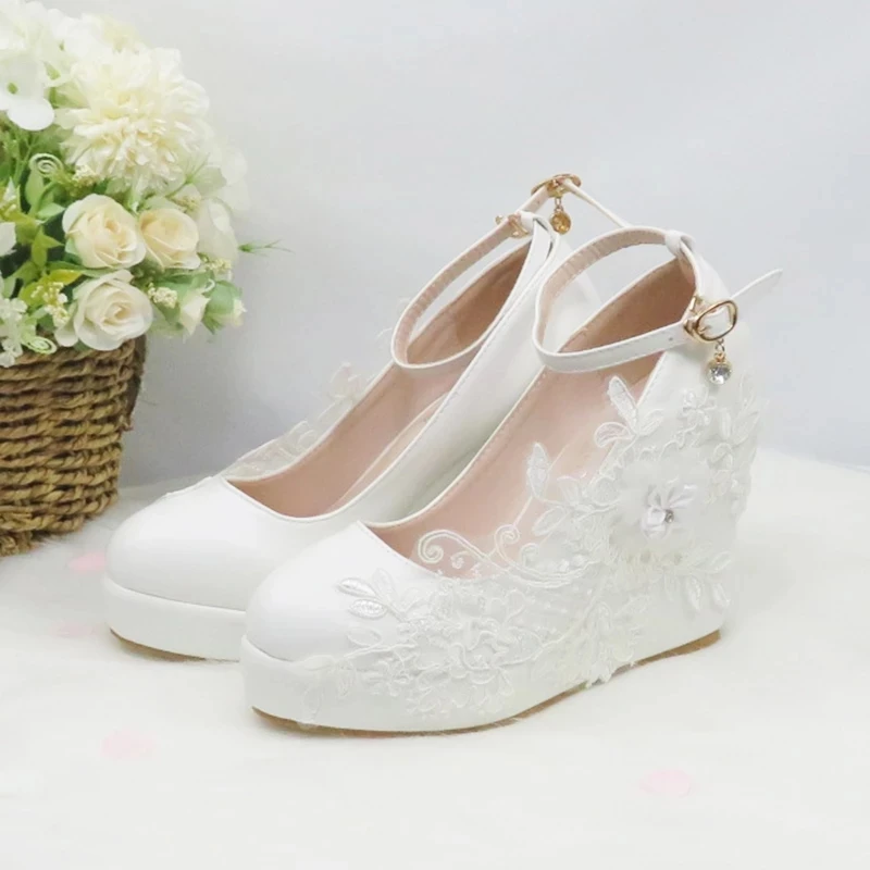 New Women White Flower Bride Wedding Shoes Party Dress Shoe Ladies Round Toe High Heel Pump Princess shoe Handmade customization