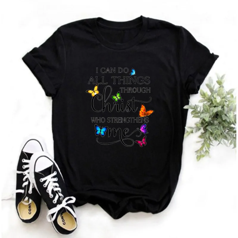 Mayos Butterfly Print T-shirt Faith Hope Hope Hope Hope Love Believe Dream Lady Print T-shirt Lady Sleeve Shirt