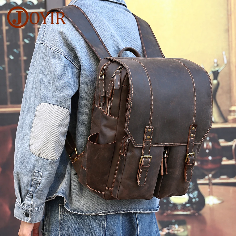 JOYIR Crazy Horse Leather Mans Backpack Large Capacity 15.6