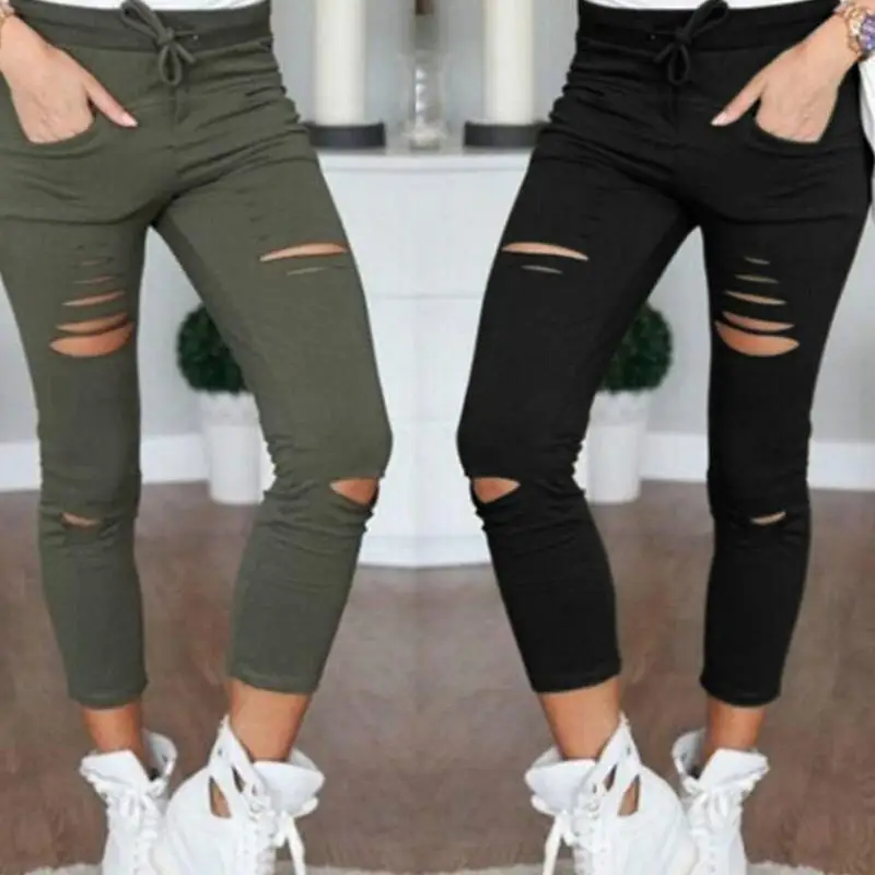 

New Skinny Jeans Women Denim Pants Holes Destroyed Knee Pencil Pants Casual Trousers Black White Stretch Ripped Jeans