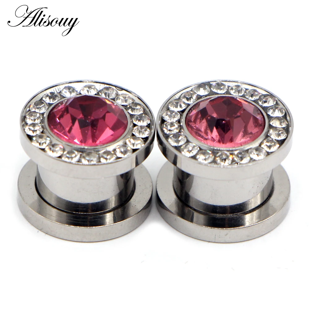 Alisouy 2pcs 3mm-14mm Pink Crystal Zircon Screw Ear Gauges Plug Tunnel Expander Stretcher Steel Earring Piercing Body Jewelry