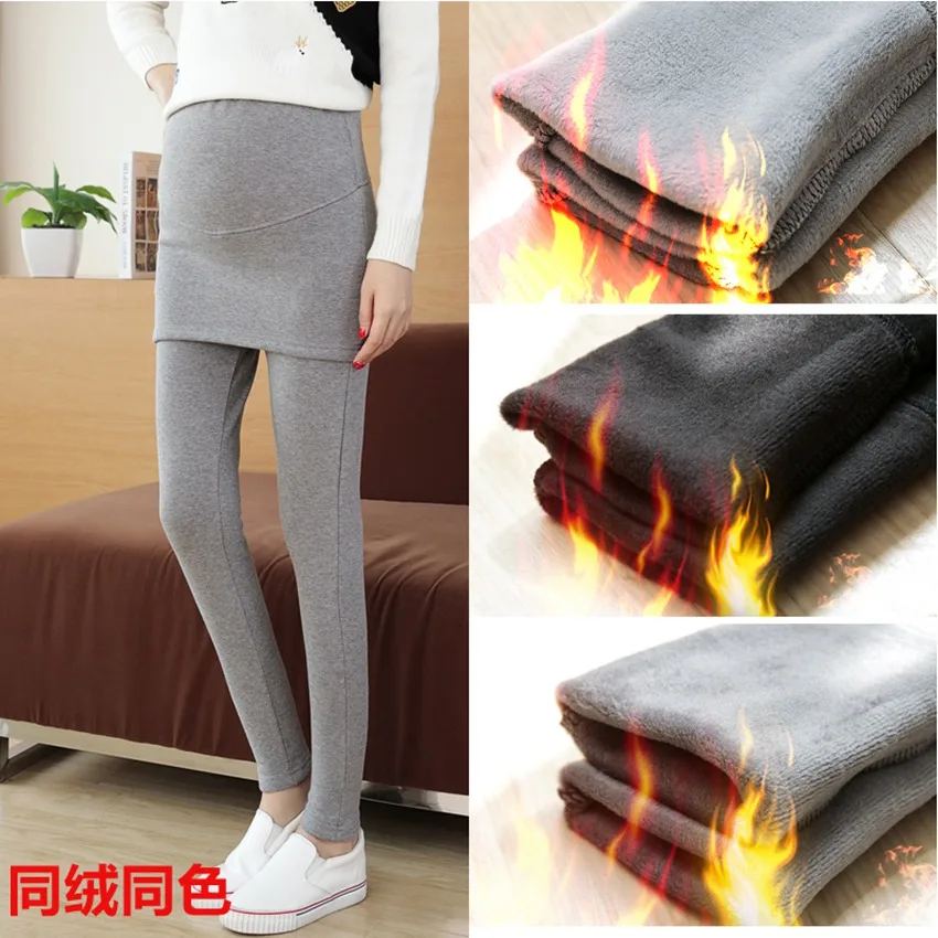 Leggings para mulheres grávidas, saia falsa de duas calças, outono e inverno, plus baita de veludo, saia de elevação estomacal para mulheres grávidas