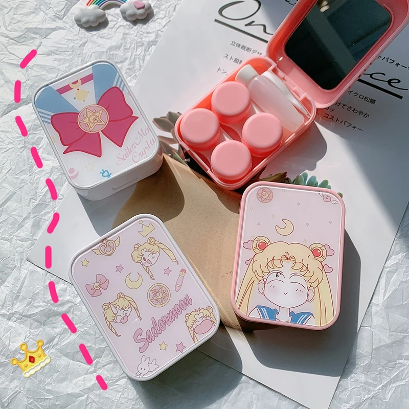 Japanese Pink Series Contact Lens Case Box With Mirror Cartoon Colored Lens Container Portable Travel Set Support Customization