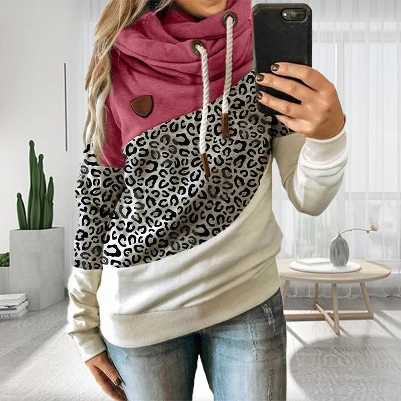 

Fashion Women Autumn Winter Turtleneck Stitching Pullover Hoodies Casual Loose Long Sleeve Round Neck Leopard Print Sweatshirts