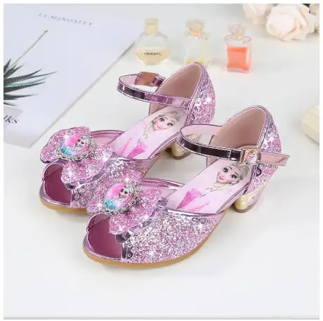 Hot Frozen Elsa And Anna Girls Sandals With Glitter Bow Disney Princess Elsa Party Shoes Kids Dress Shoes