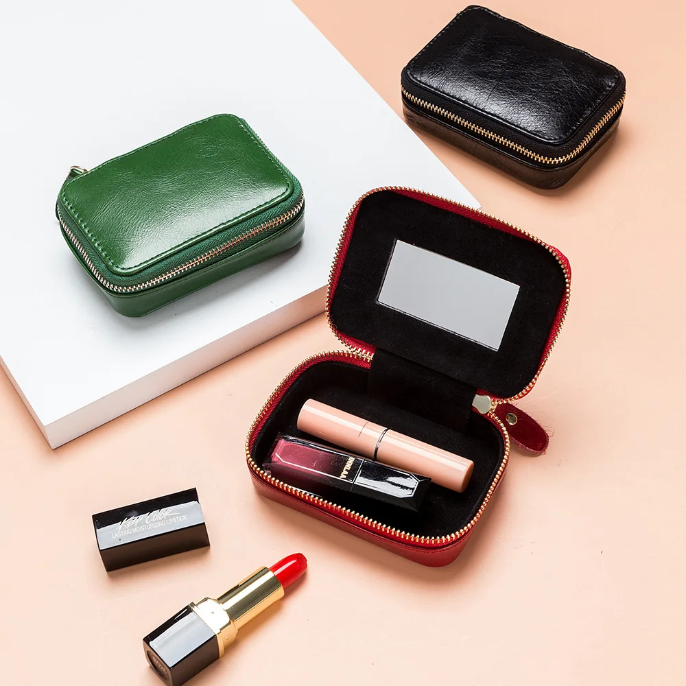 A8242 Top Layer Cow Oil Waxed Leather Mirror Inside Mini Cosmetic Make Up Bag Smooth Zipper Style Lipsticks Holder Small Case