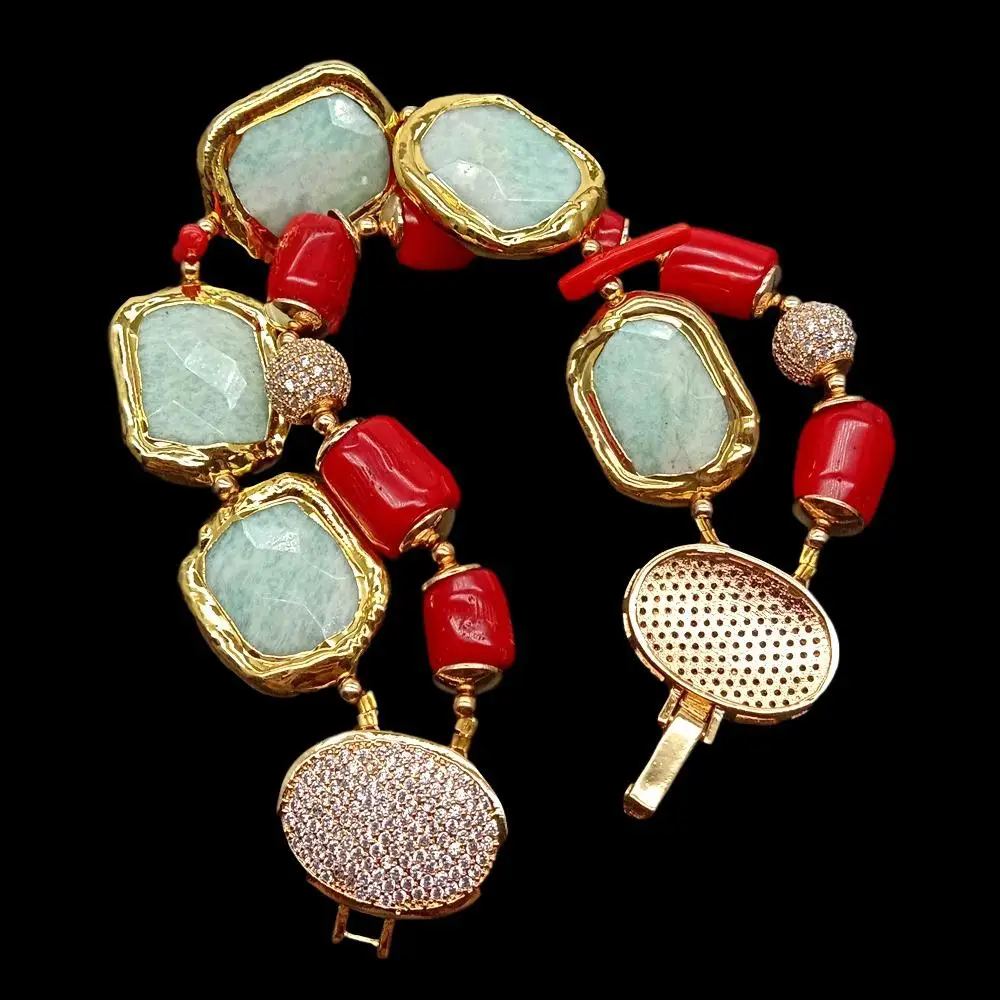 Y·YING Natural Green Amazonite Red Coral Rectangle Strand Bracelet 8.5