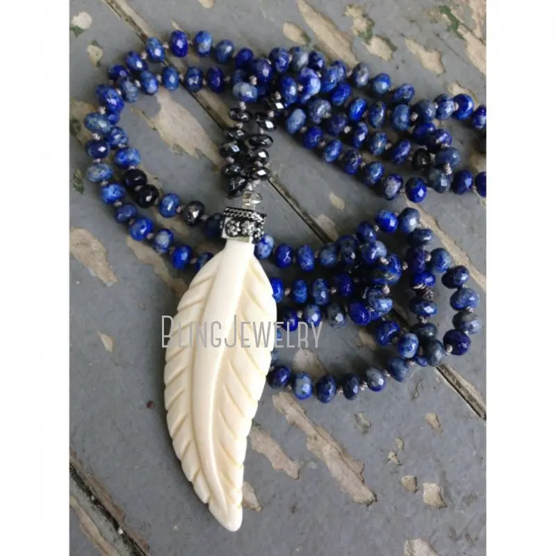 NM20735 Boho Chic Knot Lapis Rondelle Beads Necklace Cream Ox Bone Feather Pendant Charm 